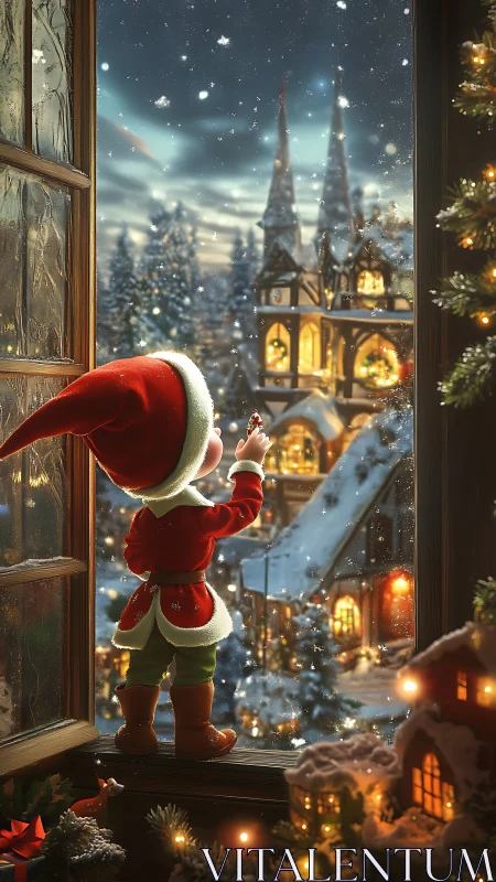 Little Christmas elf gazes out over snowy festive village.