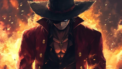 Scarred outlaw in red coat emerging from blazing inferno.