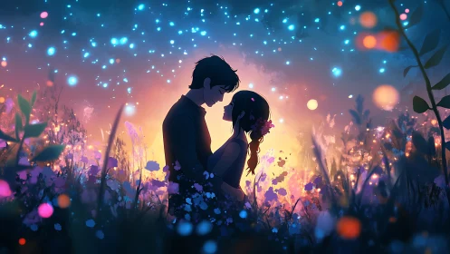 Silhouetted couple stands in illuminated meadow at twilight