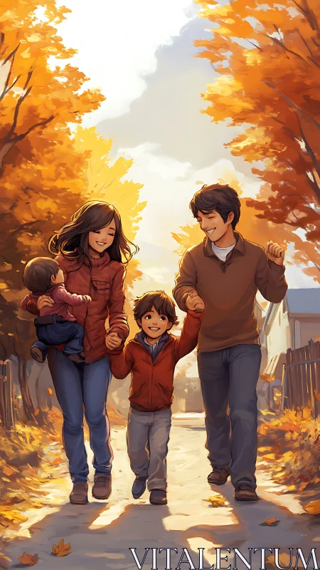 Digital painting of joyful family autumn walk composition.