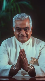 Middle aged man in white suit poses with namaste gesture