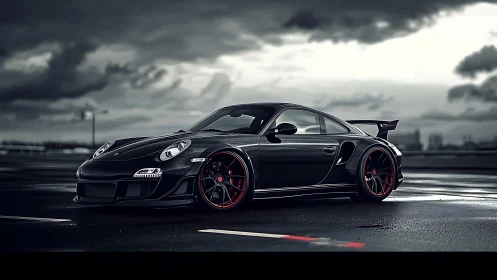 Midnight black sports car poised on a stormy rooftop track.