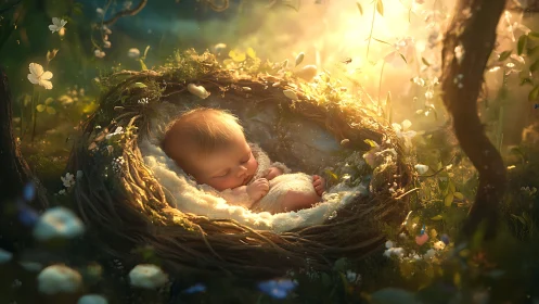 Sleeping baby lies in a nest-like cradle amid glowing forest