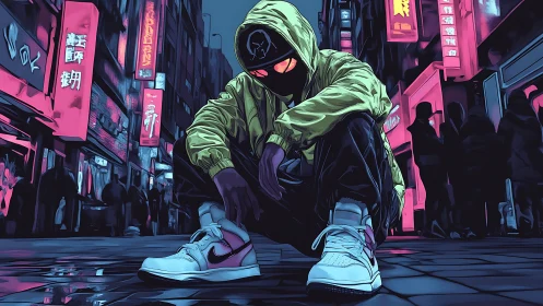 Neon‑lit street renegade crouching beneath cyberpunk skies.
