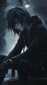 Brooding dark anime boy with glowing red eyes at night.