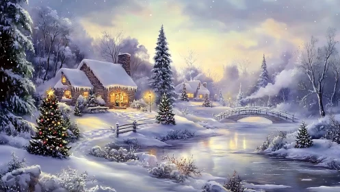 Snow-laden cottages with illuminated windows flank reflective river bend