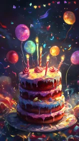 Luminescent Cosmic Celebration Cake with Orbiting Plasma Spheres.