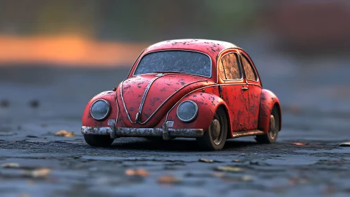 Rust-kissed red beetle quietly owns the empty evening road