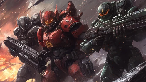 Armored sci fi soldiers advancing through combat zone.