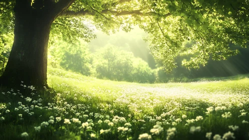 Sunlit meadow under large tree with dense green foliage.