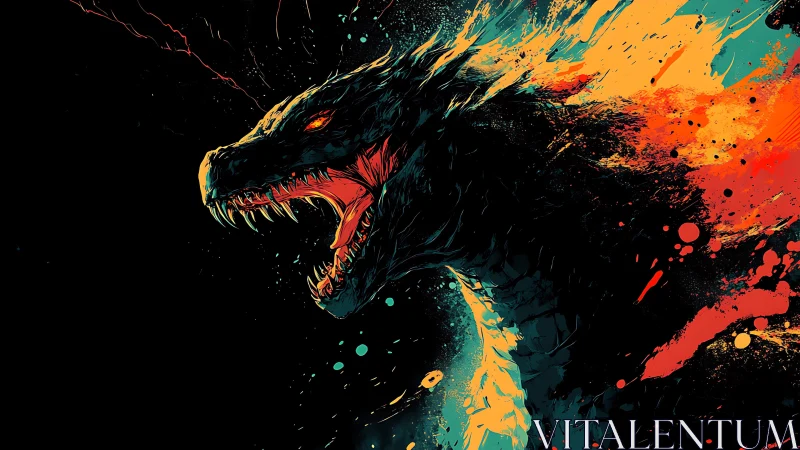 Roaring cosmic dragon painted in splashes of fiery color.