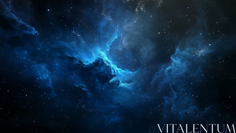 Deep space starfield surrounds illuminated blue nebula