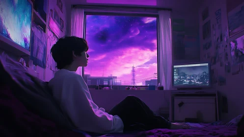 Solitary teen gazes at neon twilight sky from urban room