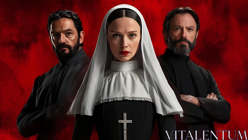 Steel-eyed nun and stern priests in crimson dreadscape.