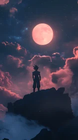 Silhouetted warrior studies a red moon above luminous storm clouds