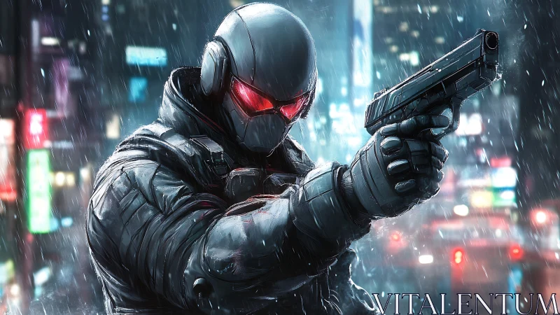 Armored cyber soldier aims pistol in neon city downpour.