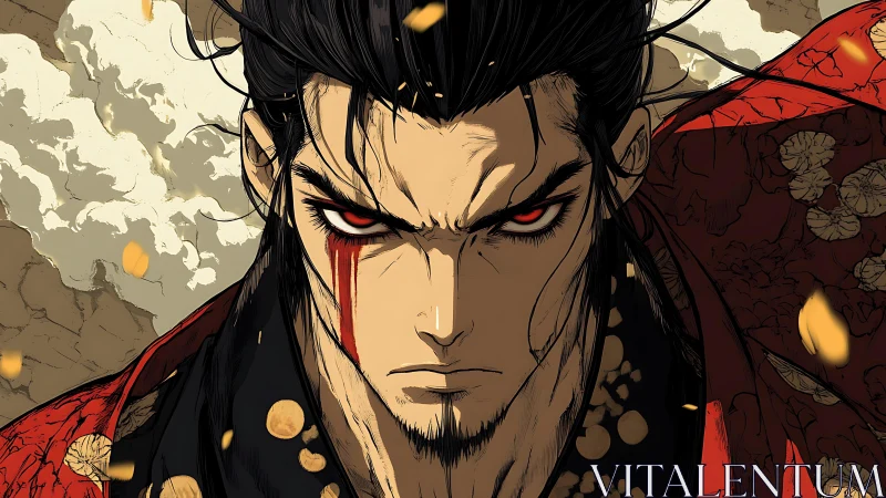 Samurai warrior portrait with red eyes and facial markings.