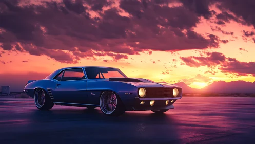 Classic blue muscle car under vivid sunset sky scene.