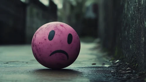 Sad pink ball rests abandoned in narrow wet alleyway