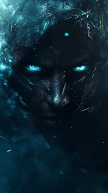 Dark icy face with glowing blue eyes in dense shadows.