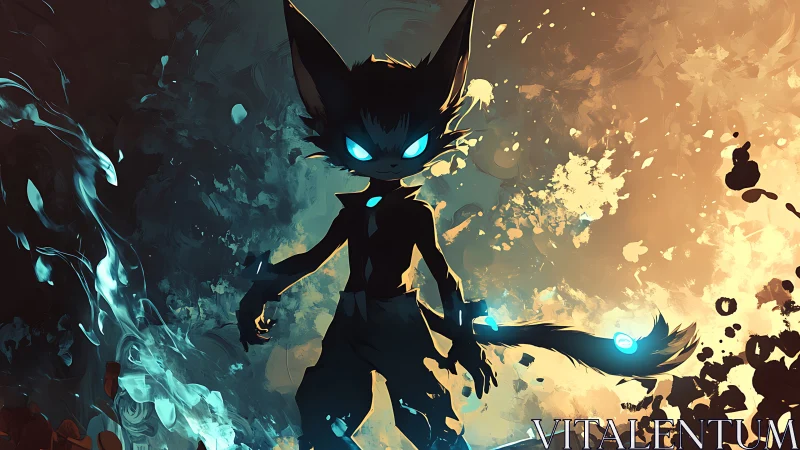 Celestial feline warrior amid dual-element abstract storm.