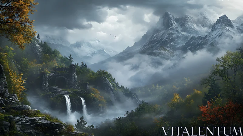 Misty mountain valley with ruined stone fortress and falls.