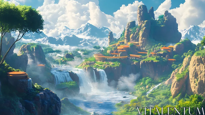 Terraced cliffside citadel overlooks cascading alpine waterfalls