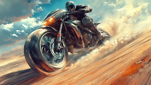 Motorcyclist powers through desert sand in dynamic motion.