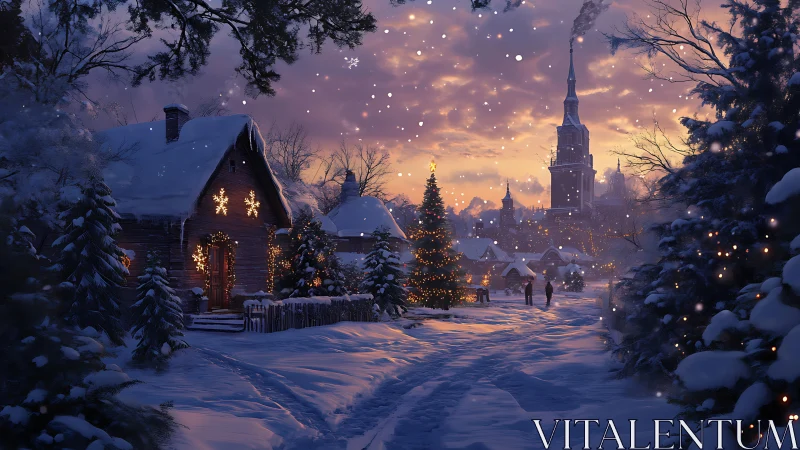 Snow-covered village street with lit trees at dusk.