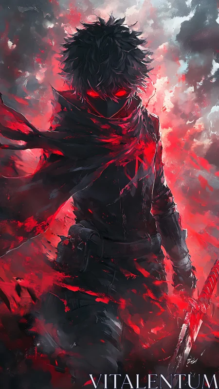Backlit rogue swordsman framed by high contrast red energy haze