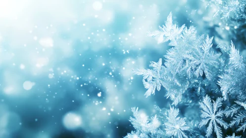 Macro crystalline snowflakes in soft blue winter bokeh field