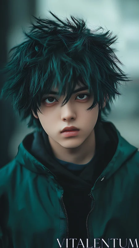 Soft-lit teal-haired youth portrait with shallow depth of field