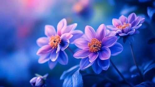 Dahlia flowers with yellow stamens photographed against blue blurred background