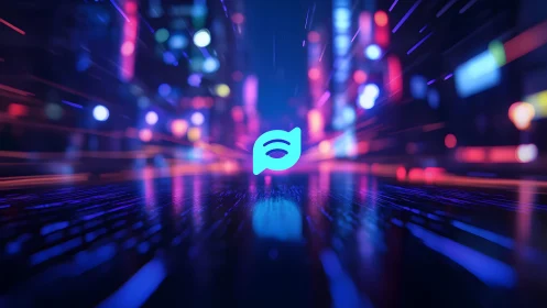 Futuristic Chat Icon in Neon Cityscape, Digital Art Style.
