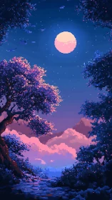 Moonlit pixel grove wrapped in dreamy violet clouds.