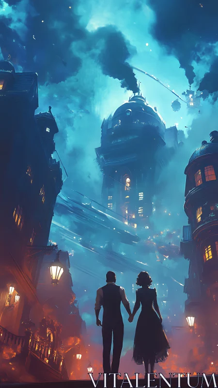 Couple observing luminous steampunk city skyline at night.