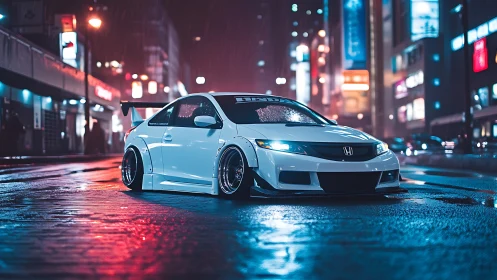 Widebody Honda Civic on wet neon street under cinematic night rain