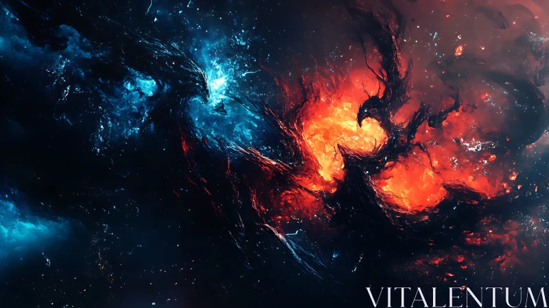 Fiery red nebula clashing with blue cosmic clouds in space.