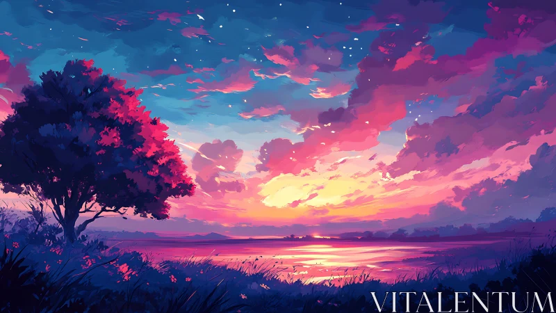 Chromatic dusk landscape with luminant sky reflection field.