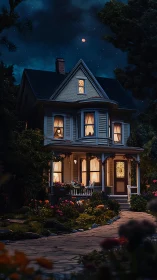Victorian house glowing under starry night sky.