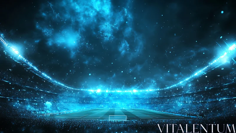 Futuristic football stadium under luminous cybernetic sky