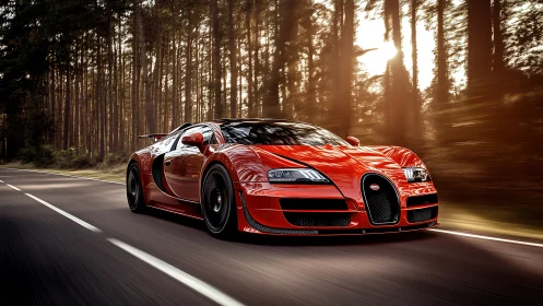 Forest road sprint with a fiery red supercar in motion.