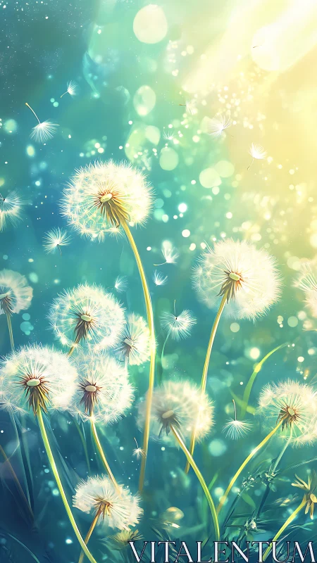 Dandelion seed heads rendered against diffuse blue green light