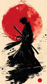 Samurai silhouette before blood red rising sun.