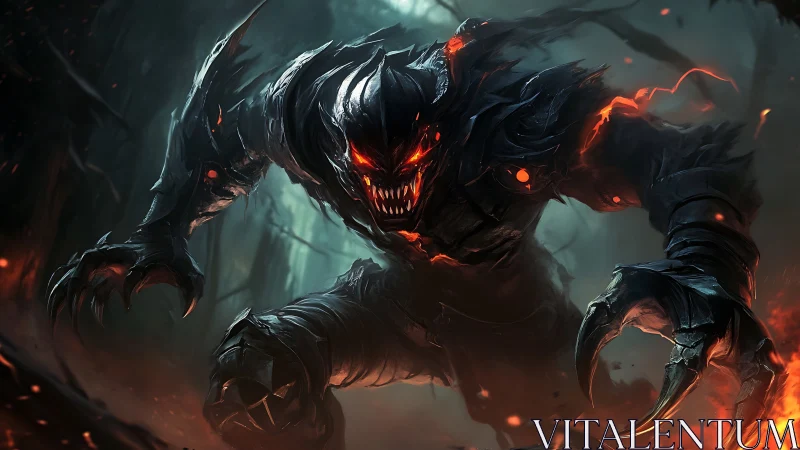 Armored fiery creature advancing in dark forest environment.