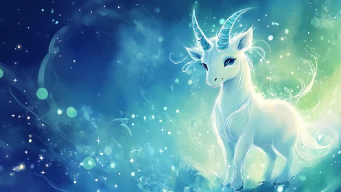 Gentle baby unicorn glowing softly in a dreamy night sky.