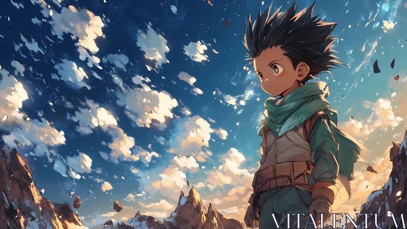 Wind-swept anime explorer under volumetric cloudscape sky.