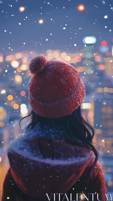 Girl in red winter coat watches snowy city lights glow.
