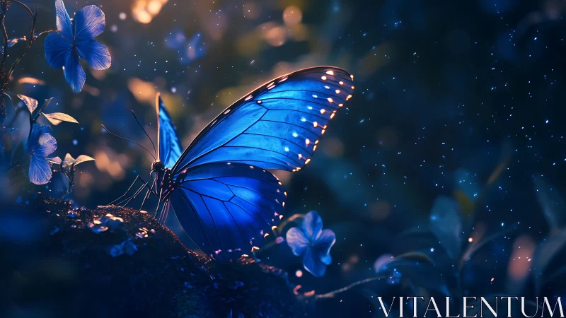Moonlit sapphire butterfly drifting through glowing forest hush.
