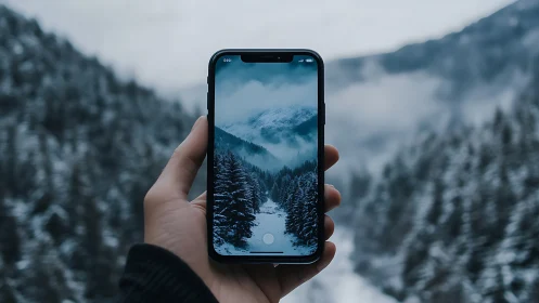 Photographic smartphone frame isolating winter mountain vista.